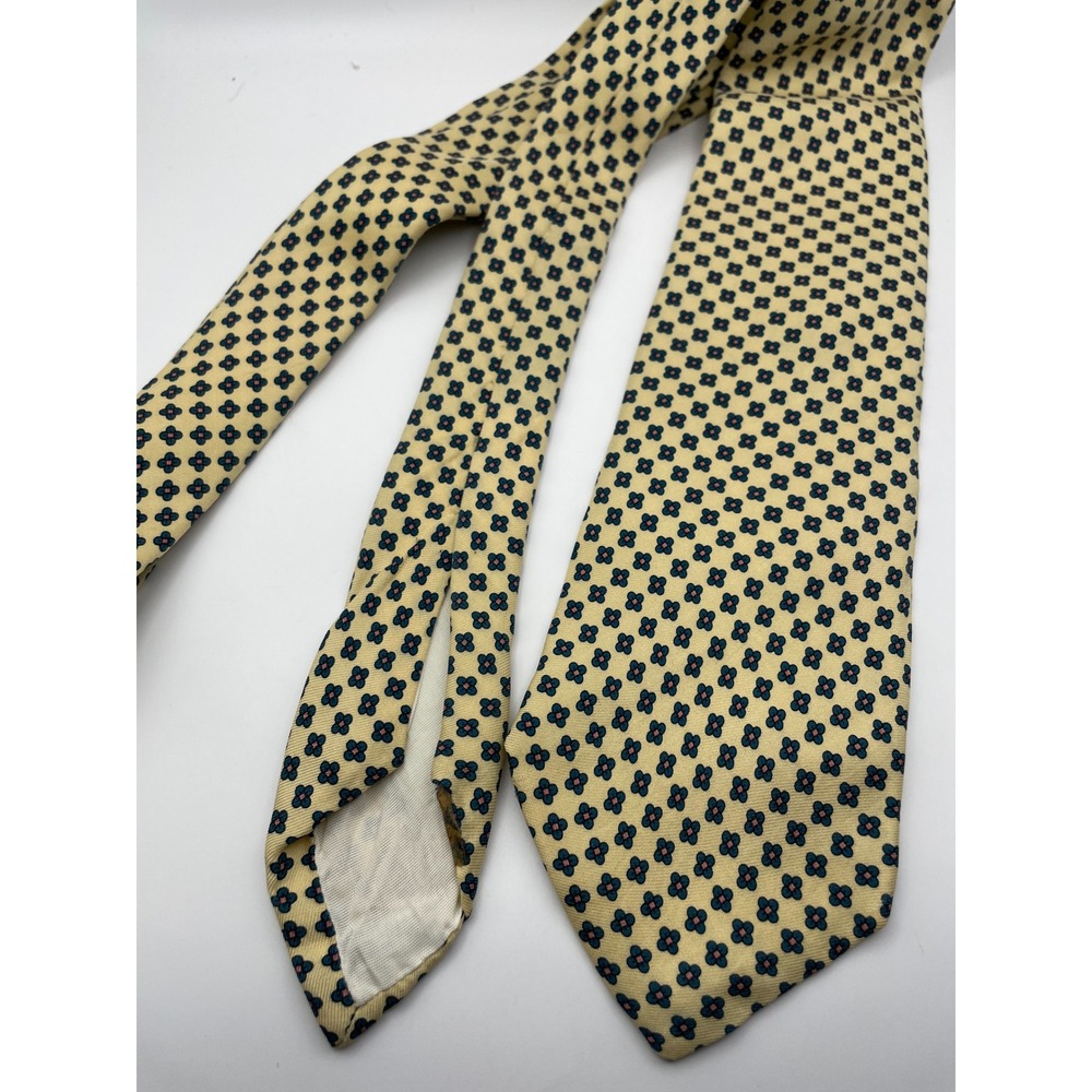 J. McLaughlin Mens Silk Tie Yellow Navy Floral Geometric Hand Made in England
